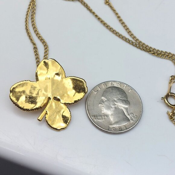 Gold Dipped Vermeil Four Leaf Clover Pendant Brooch On 20" Chain Necklace - Picture 6 of 7